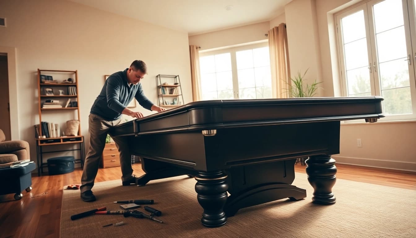 Showcasing game table movers services, a technician skillfully disassembles a pool table in a bright living room.
