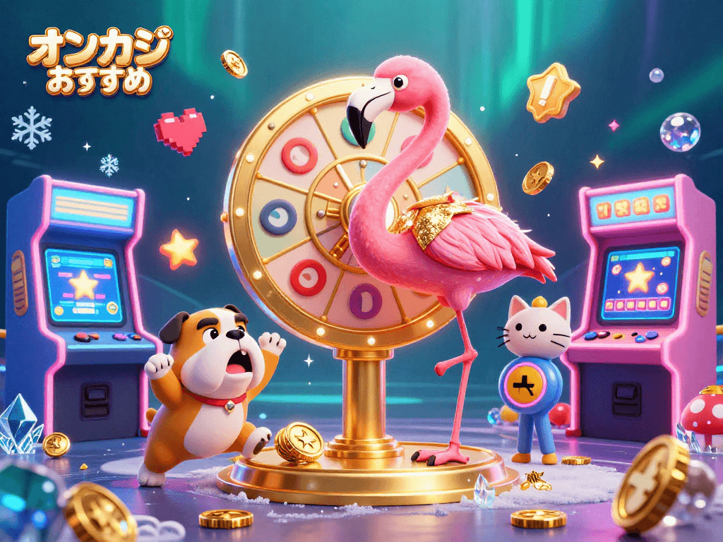 オンカジおすすめで賞品を発表するゲームホストフラミンゴのイラスト