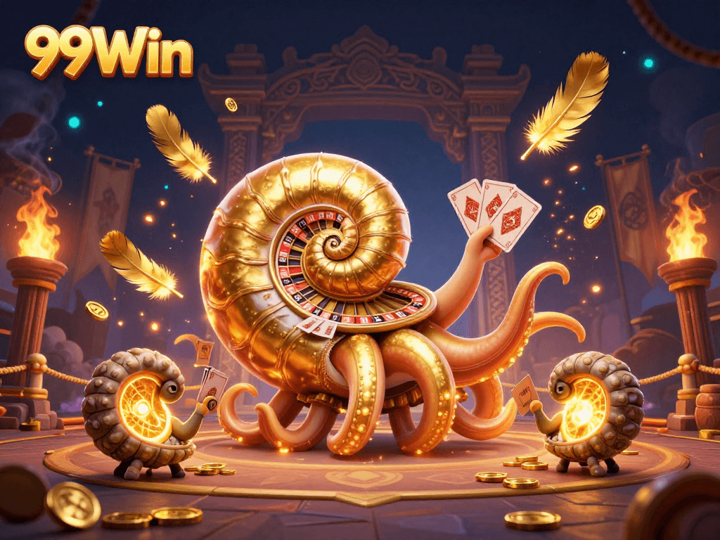 Experience the excitement of 99Win, featuring a giant nautilus roulette wheel and dynamic casino elements.