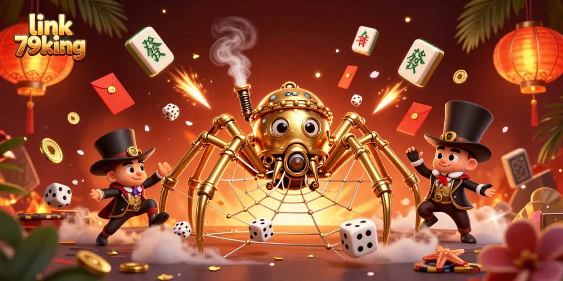 Engage with link 79king as a steampunk spider weaves a web of golden poker chips in this vibrant casino scene.