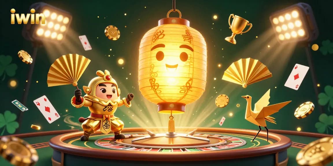 Play casino games at iwin with vibrant characters and elements featuring a glowing lantern spirit.