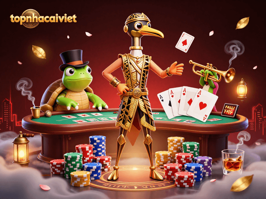 Engage with topnhacaiviet's vibrant casino scene showing a lively poker game with fun characters.