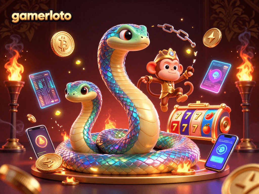 Experience gamerloto's vibrant slots scene with a colorful rainbow serpent and golden monkey king.