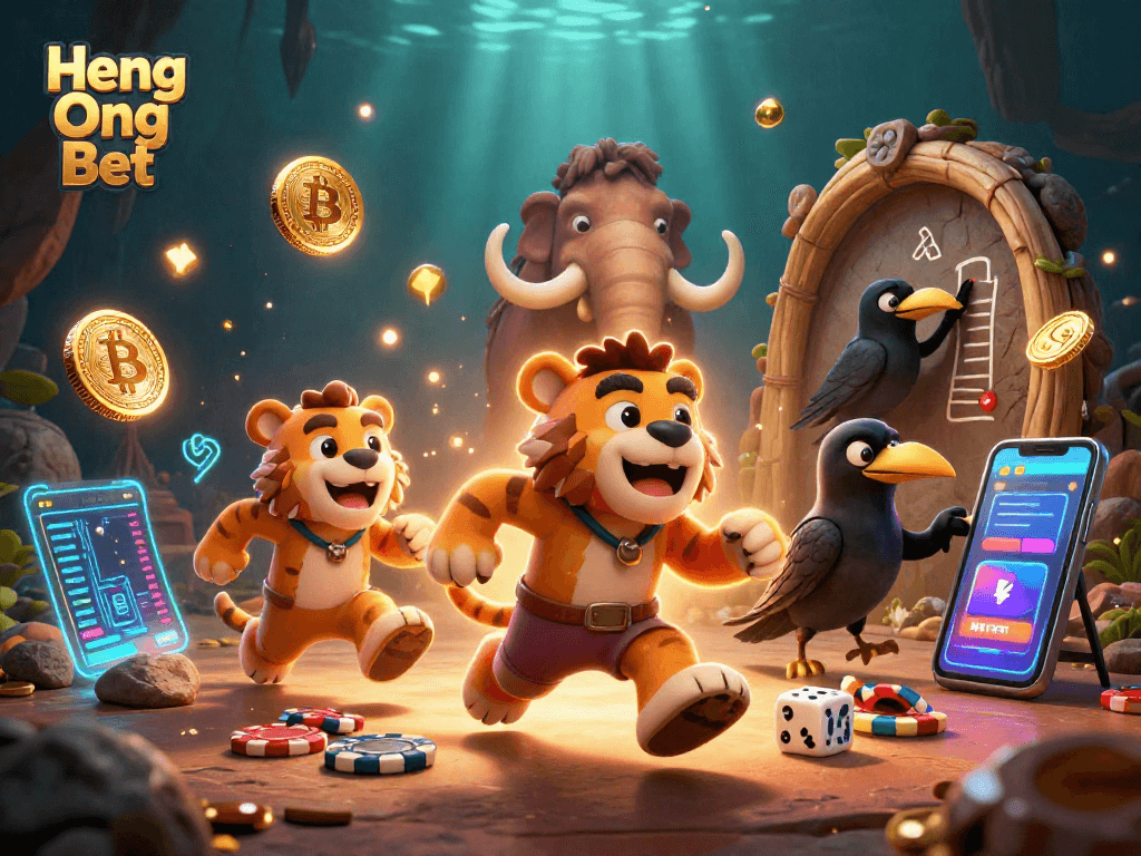 Experience Heng Ong Bet at the lively prehistoric casino with engaging 3D characters and dynamic gaming elements.