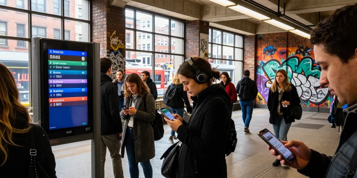 Live train tracker interface at busy subway station with commuters