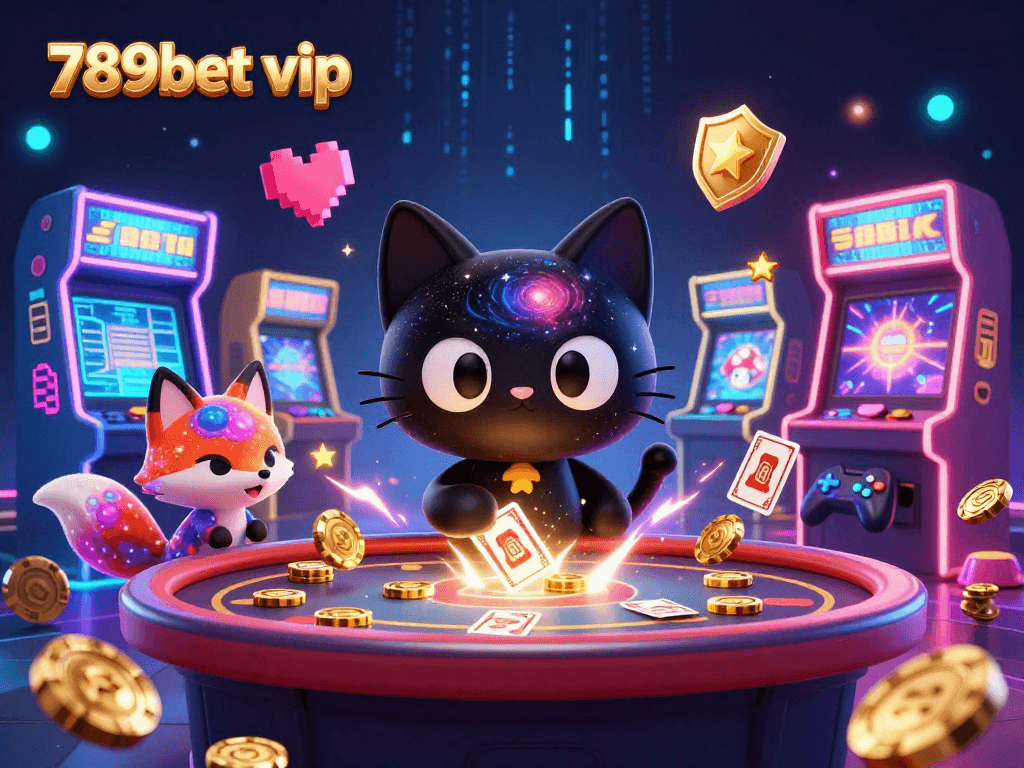 Engage in stellar gaming with 789bet vip as a cosmic cat draws in golden chips in a vibrant casino scene.