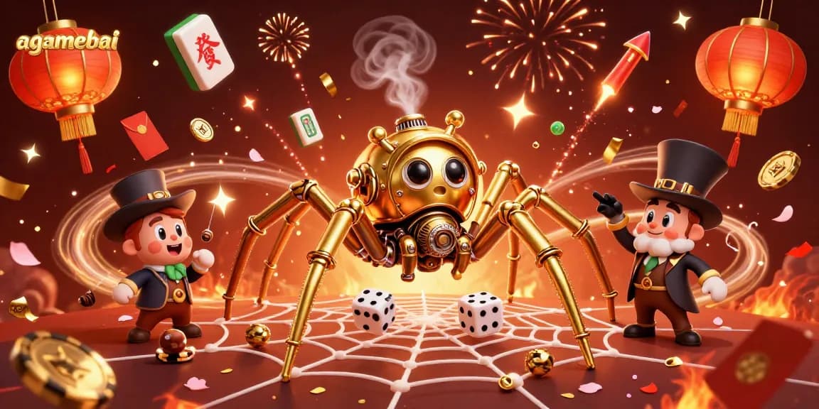 Engage players in a thrilling game of chance at agamebai with a lively illustration of a steampunk spider and vibrant casino elements.