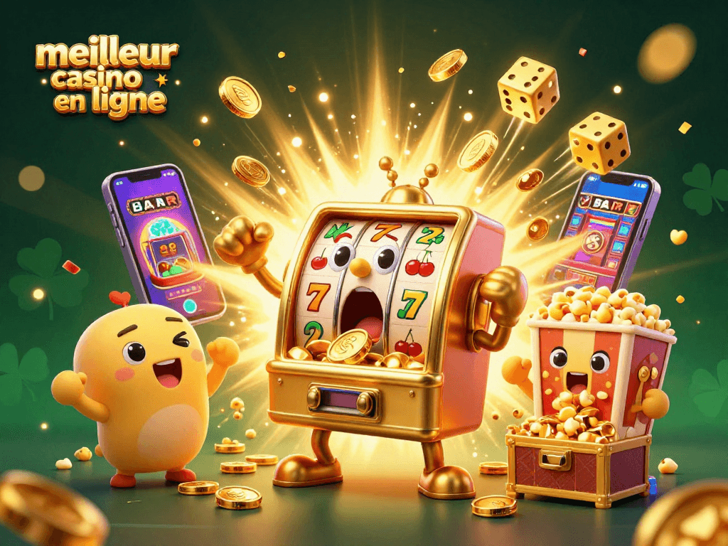 Meilleur casino en ligne avec des machines à sous dorées célébrant un jackpot impressionnant.
