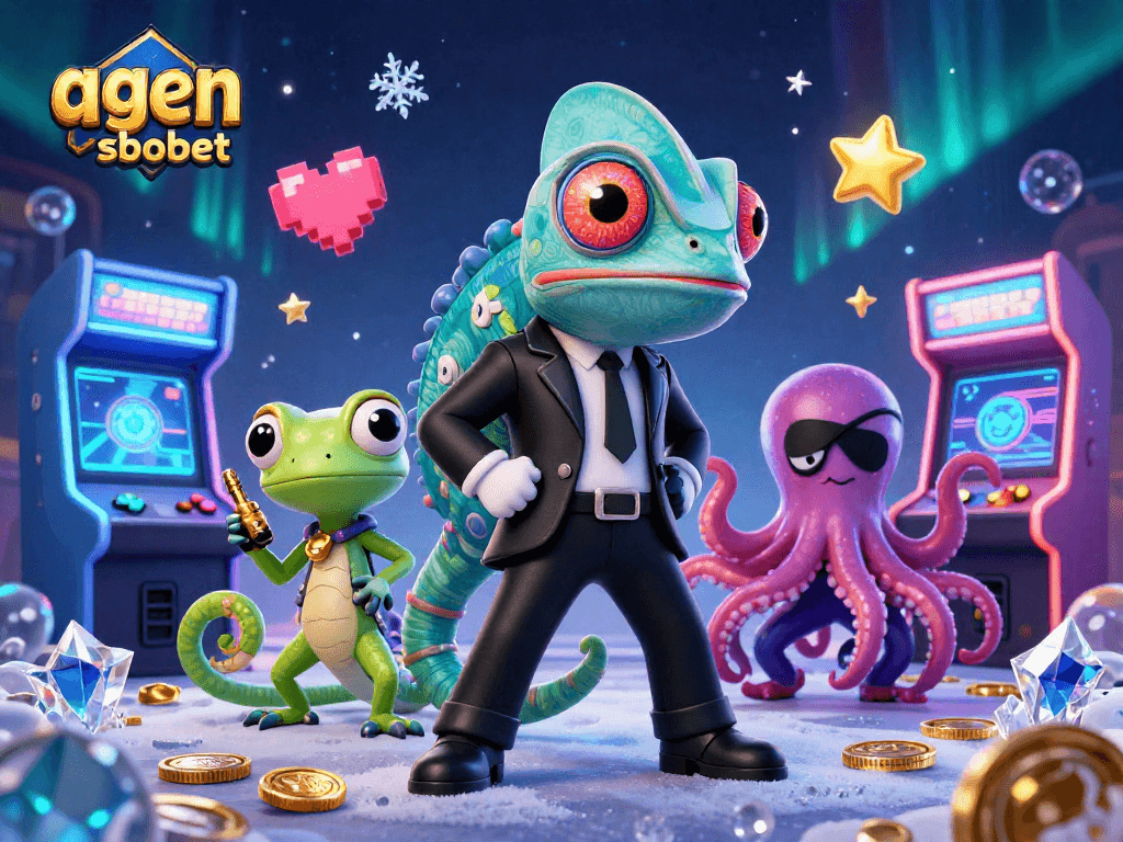 A dynamic scene showcasing "agen sbobet" with a secret agent chameleon, tech-savvy gecko, and villainous octopus amidst casino game elements.