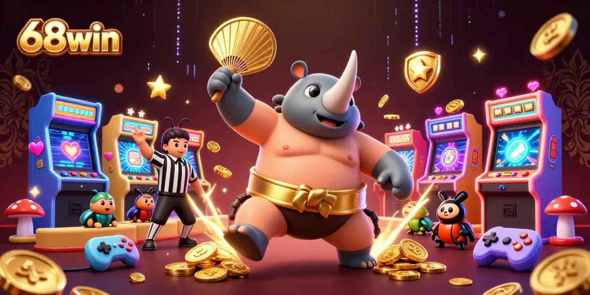 Experience thrilling gaming action at 68win with a vibrant 3D casino scene featuring beetle champions.