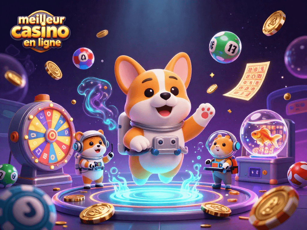 Visualisez l'expérience du meilleur casino en ligne avec un corgi astronaute et une machine à jackpot.