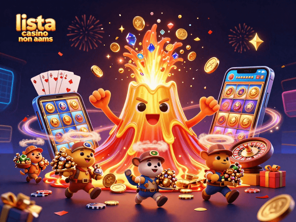 Vinci con la lista casino non AAMS: illustrazione divertente di un vulcano d'oro che erutta tesori e gioielli.