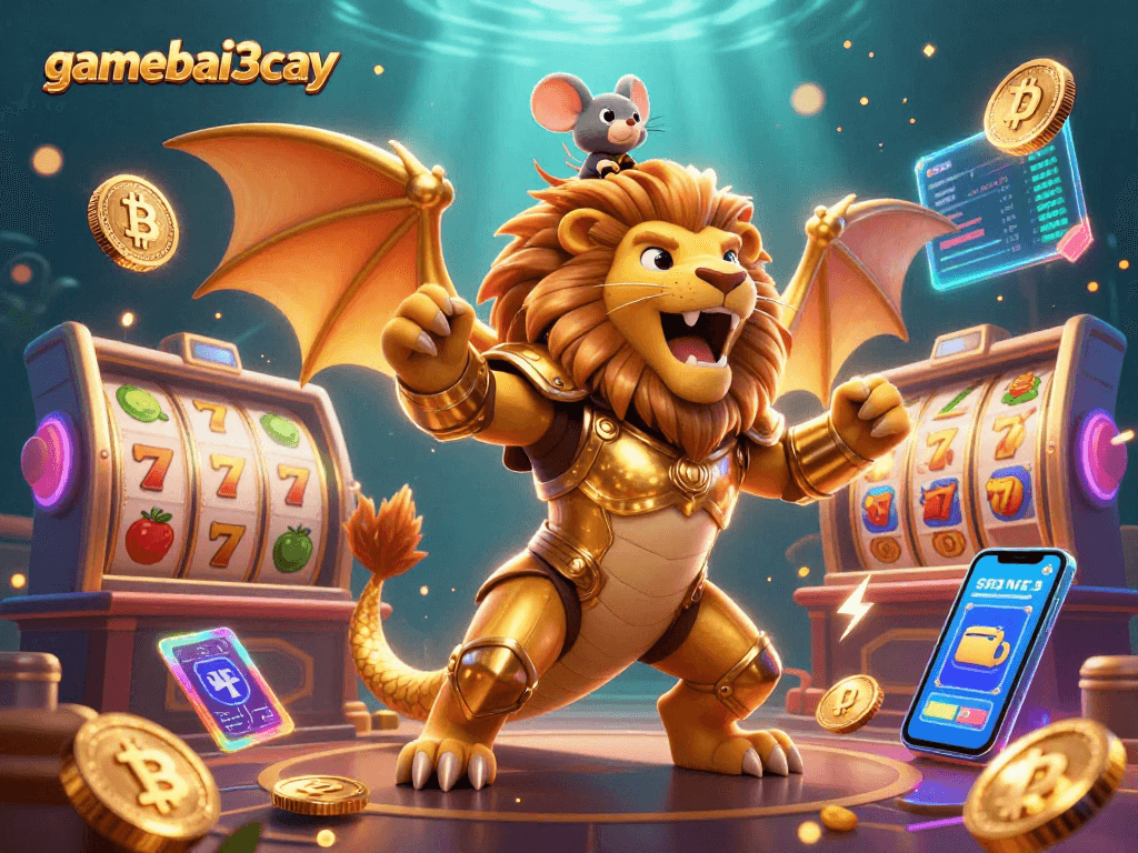 Engaging casino scene showcasing gamebai3cay with a roaring chimera and vibrant slot machines.
