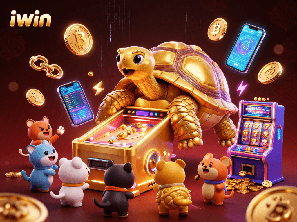 Play the iwin slots adventure with a colossal tortoise and crypto visuals in a vibrant casino scene.