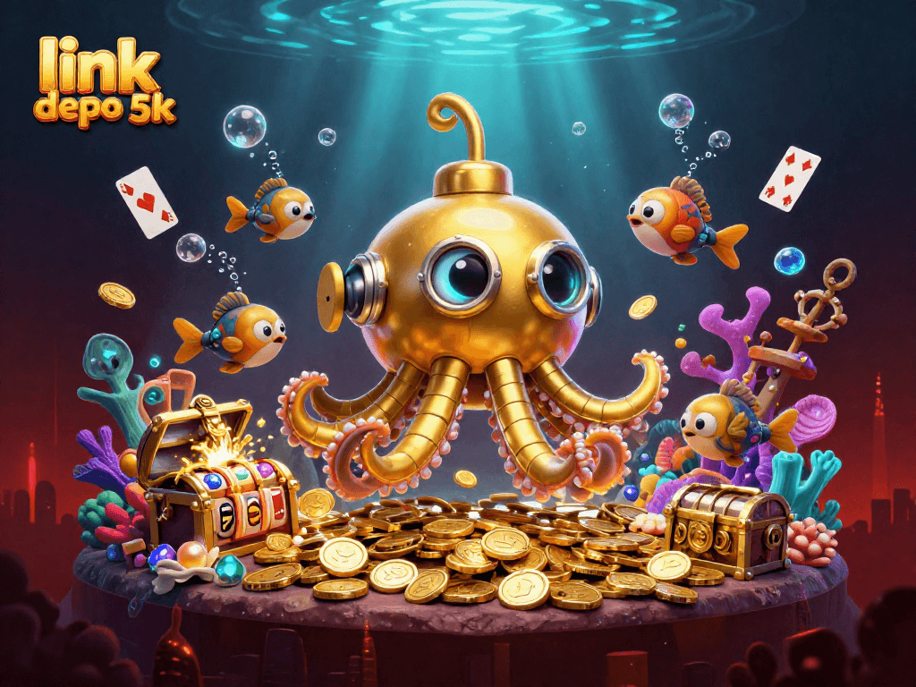 Experience exciting slots with link slot depo 5k, as animated characters celebrate amidst gems and treasure.