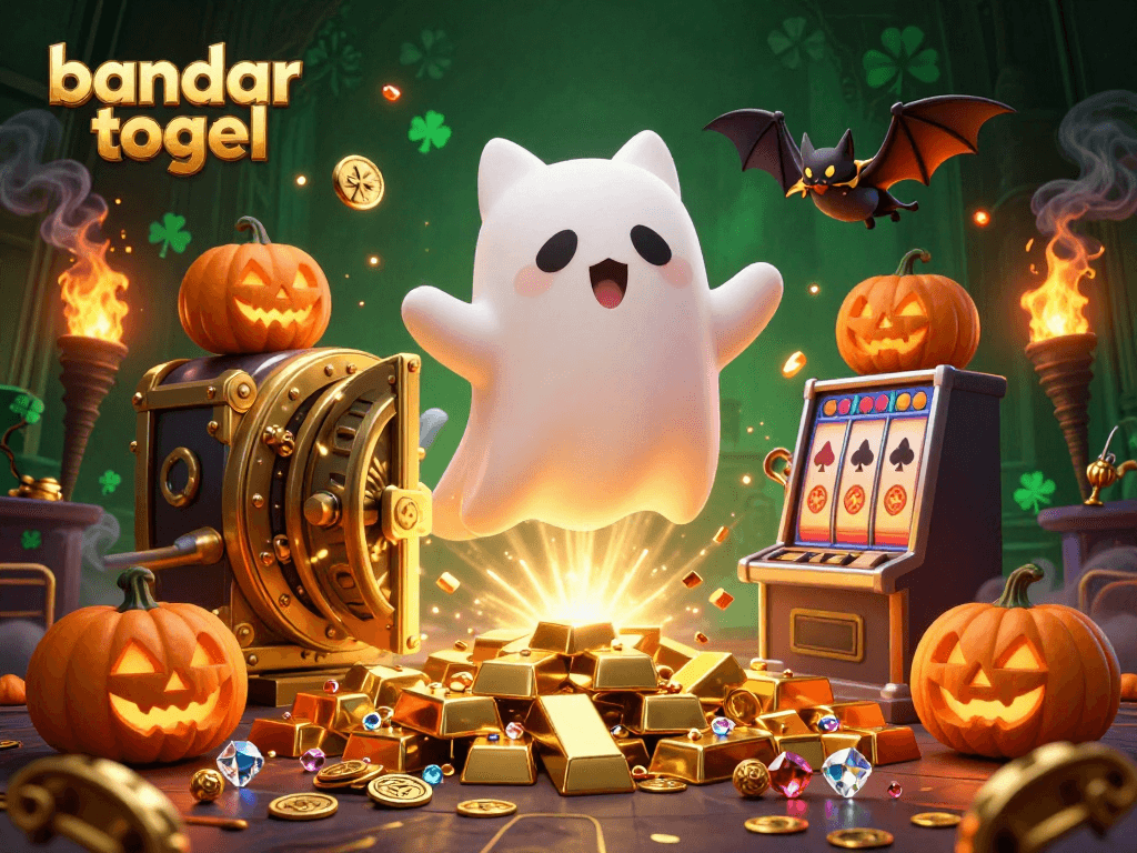 Engage at bandar togel with a playful ghost cat and vampire bat in a haunted casino, surrounded by treasures.