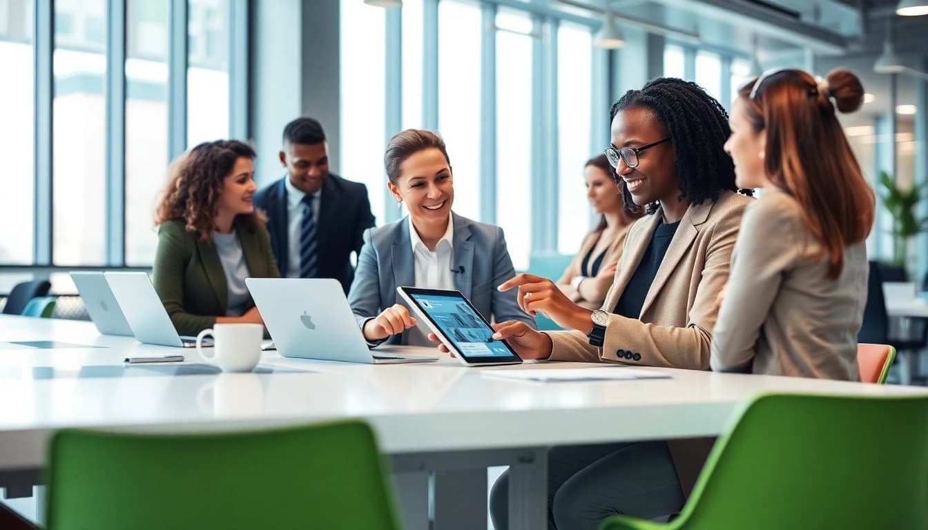 AI that replies to scheduling emails in a modern office setting fostering collaboration.