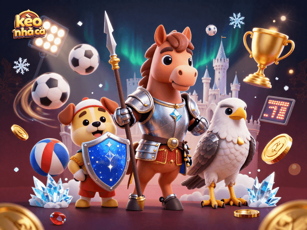 Experience kèo nhà cái through an action-packed 3D illustration showcasing medieval characters and sports betting elements.