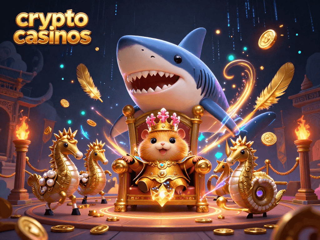 Les crypto casinos évoluent dans une arène dynamique, avec un roi hamster et des gardes sous-marins, entourés de pièces d'or.