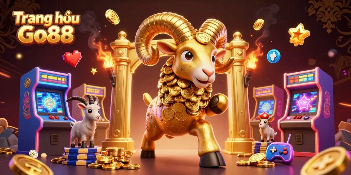 Experience vibrant gaming excitement at Trang chủ Go88 with glowing arcade games and charging golden ram.