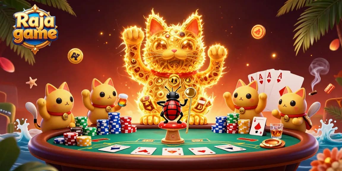 Engage with gaming excitement in Raja game featuring a giant lucky cat amidst vibrant casino elements.