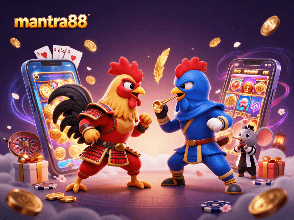 Engage with mantra88's thrilling action as roosters compete amidst vibrant casino elements.