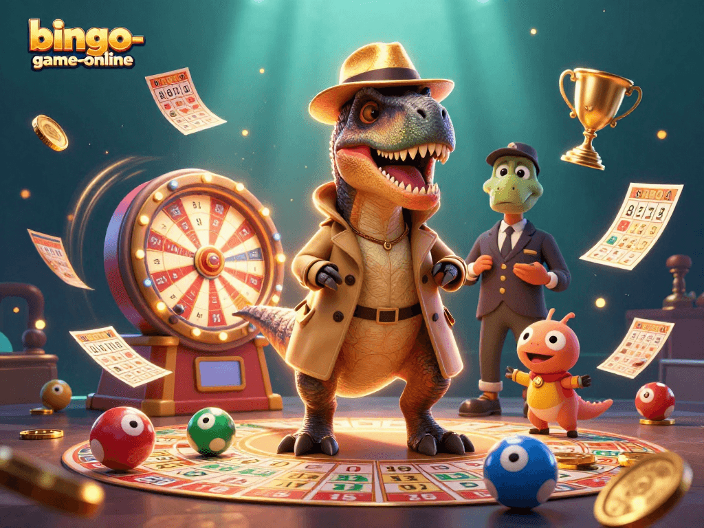 Engage in thrilling bingo-game-online action with cartoon dinosaurs and vibrant bingo elements