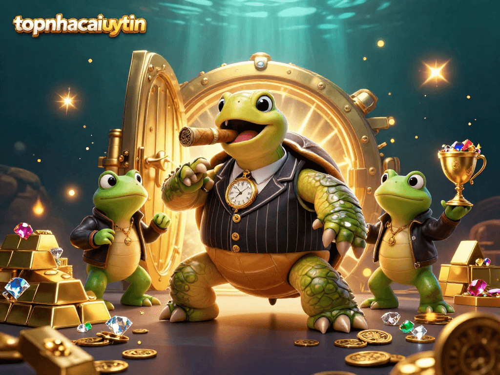 Engage in thrilling gameplay at topnhacaiuytinn, where a snapping turtle and bullfrogs navigate a casino adventure.
