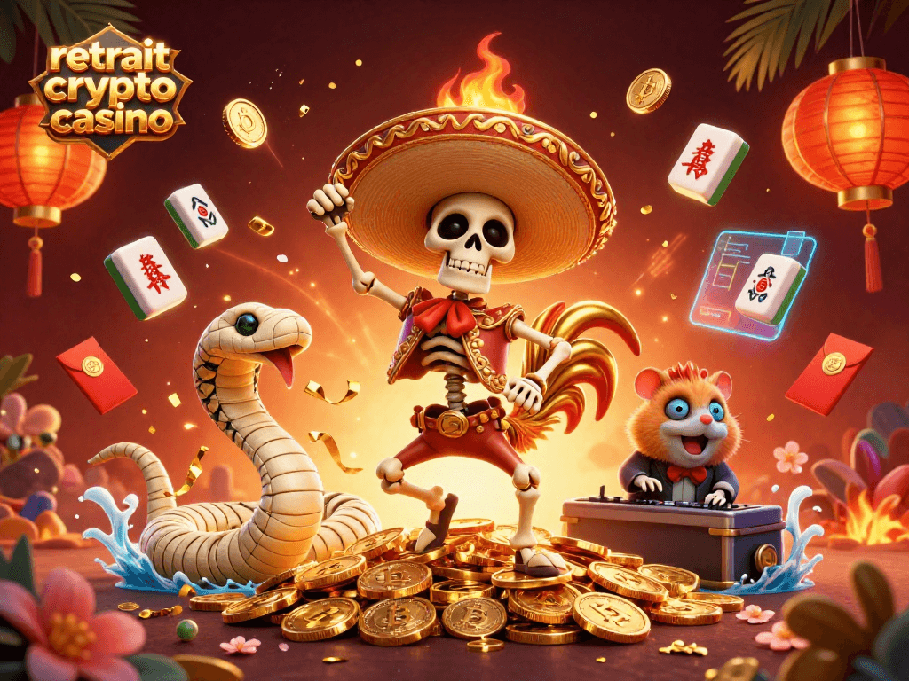 Retrait crypto casino : célébrez vos gains sur une plateforme ludique et festive, illustrée par des personnages animés.