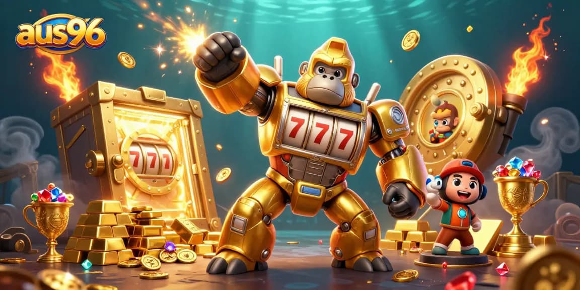 Engage in thrilling action at aus96 with a golden gorilla mech amid slot machine treasures.