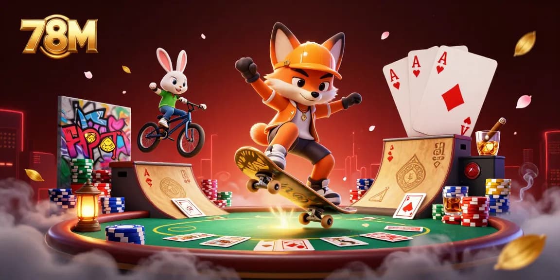 76M traz uma cena vibrante onde um gato skate faz um truque sobre fichas de pôquer, simbolizando diversão ao apostar.