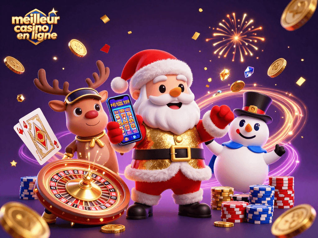Vivez l'expérience du meilleur casino en ligne avec Santa jouant aux machines à sous entouré de joies festives et de gains.