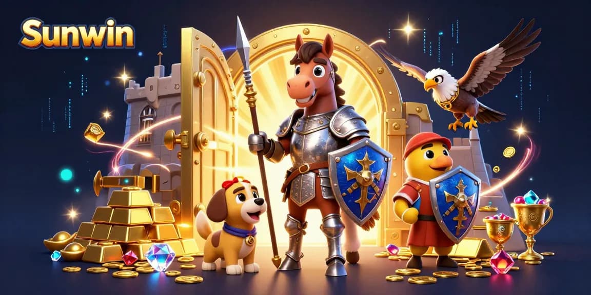 Engage with Sunwin's thrilling gaming experience featuring a knight, puppy, and falcon surrounded by treasures.