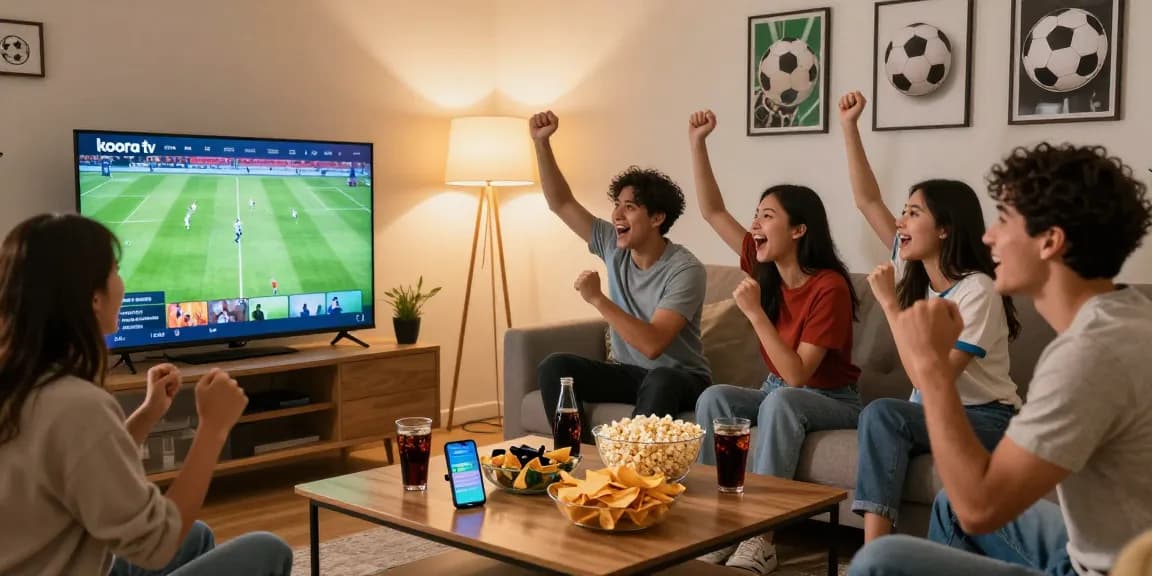 Friends enjoying a live sports match on koora tv in a vibrant living room, full of snacks and excitement.