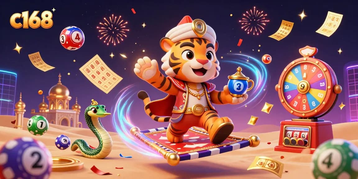 Enhance your gaming experience with c168's vibrant lottery and casino elements in a magic-themed scene.