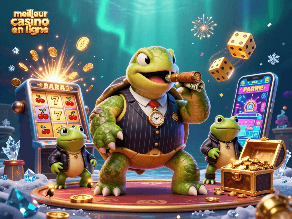 Une immense tortue en costume joue avec le meilleur casino en ligne, entourée de jetons et de lumières scintillantes.