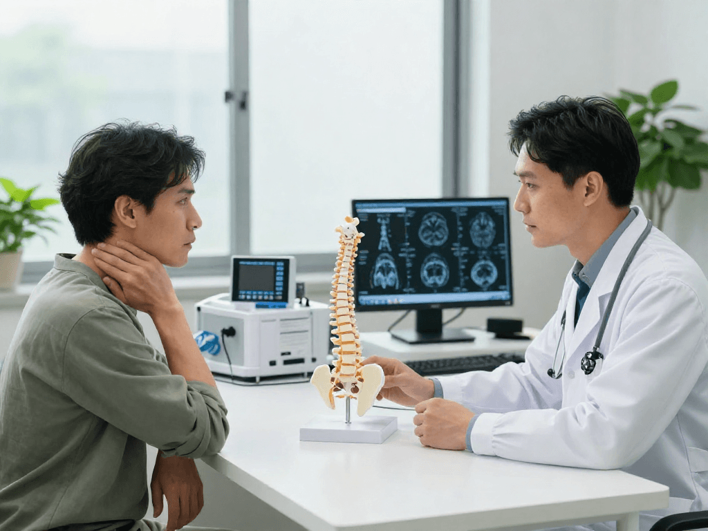 Boyun fıtığı ameliyatı consultation scene with patient and doctor discussing treatment options