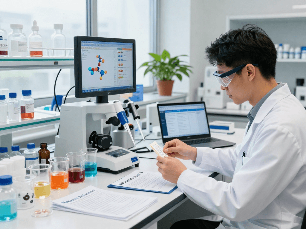 Scientist preparing Restore Blend Peptide Buccal Strips to highlight NAD+ Benefits in a modern lab.