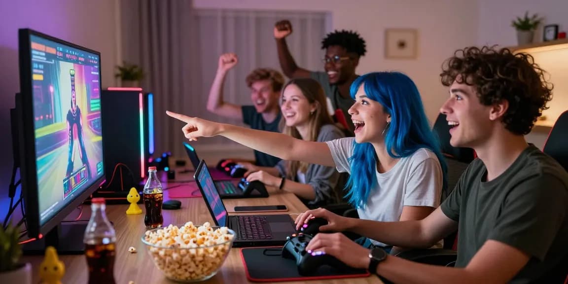 Friends enjoying a multiplayer porn game in a vibrant gaming den