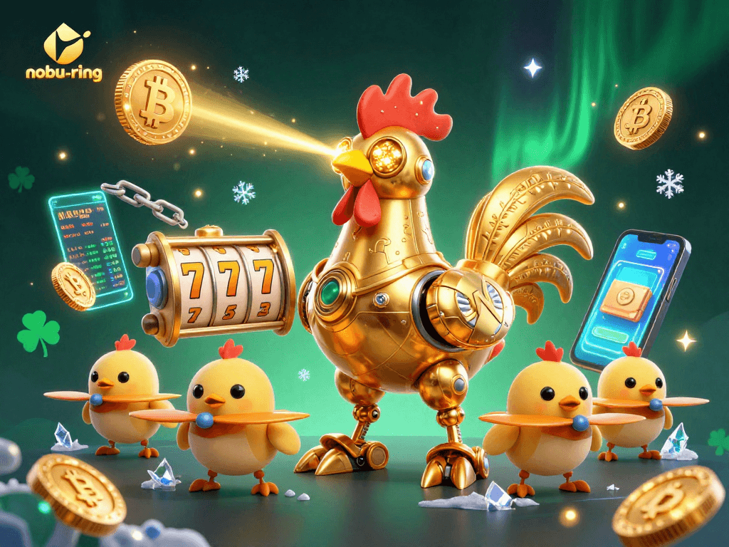 Experience exciting gameplay with nohu-ring as the golden rooster robot leads a crew in vibrant slots action.