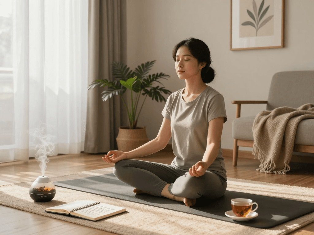 Mindfulness meditation scene featuring mantra88, peaceful individual practicing yoga in a serene home setting.