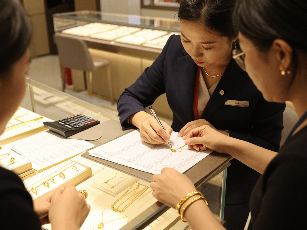 Purchase process for gold jewelry at mantra88, showcasing elegant designs and professional consultation.