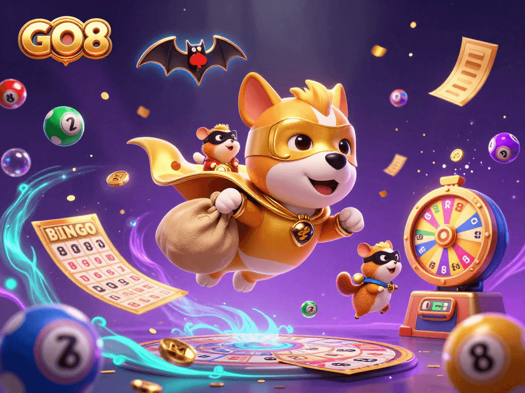 GO8 presents a vibrant 3D illustration showcasing a superhero dog and hamster in a dynamic casino scene.