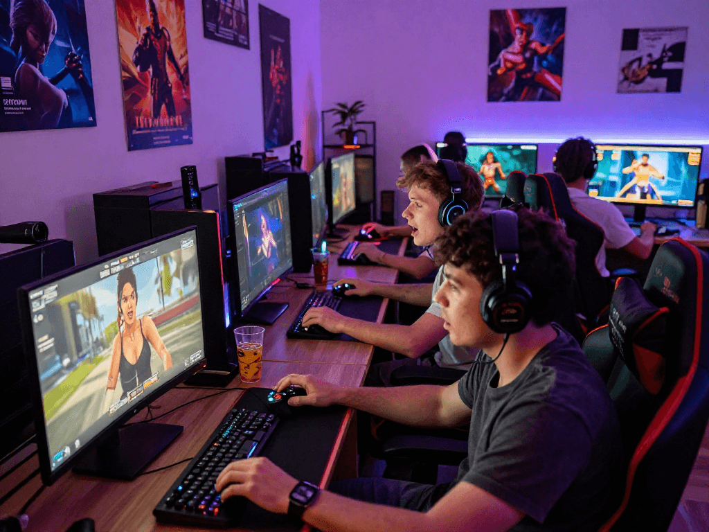 Engaging scene of adults playing a real sex game in cozy gaming spaces with vibrant lighting and playful reactions.