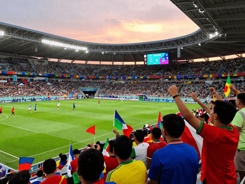 แฟนบอลกำลังเดิมพันบอลโลกรอบชิงในสนามแข่งขันฟุตบอลโลก 2026 ที่เต็มไปด้วยบรรยากาศแห่งความมันส์