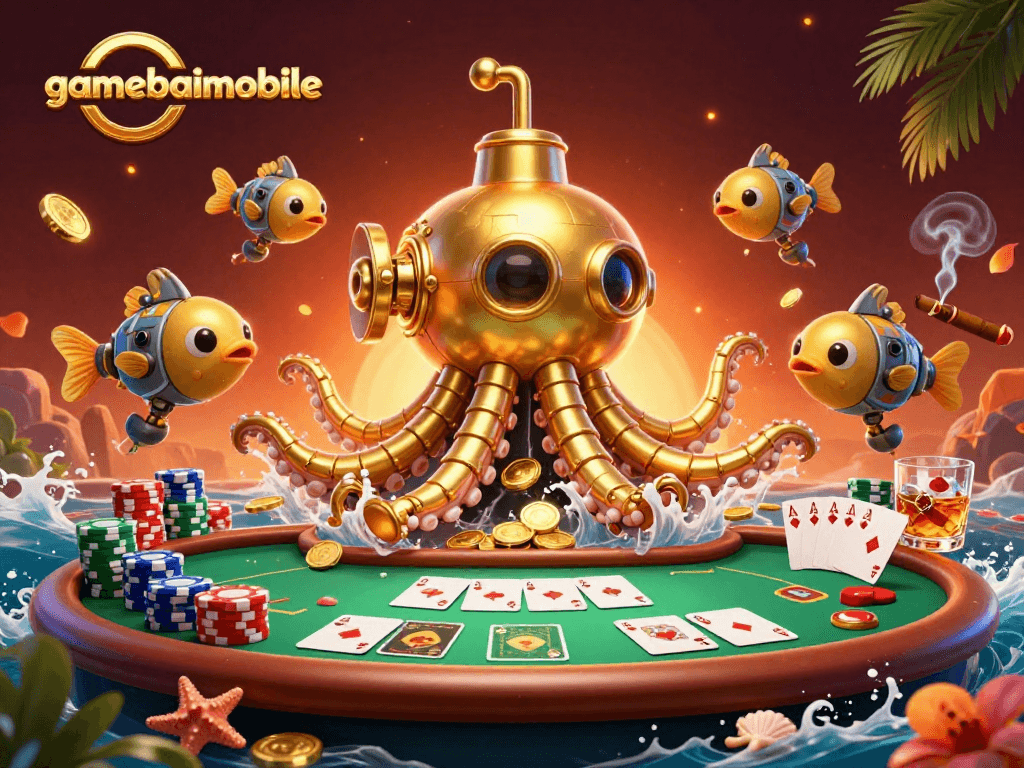 gamebaimobile showcases an epic 3D casino scene with a golden kraken submarine amidst poker elements.