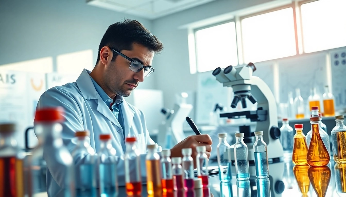 Research peptides displayed in a modern lab as a scientist conducts analysis.