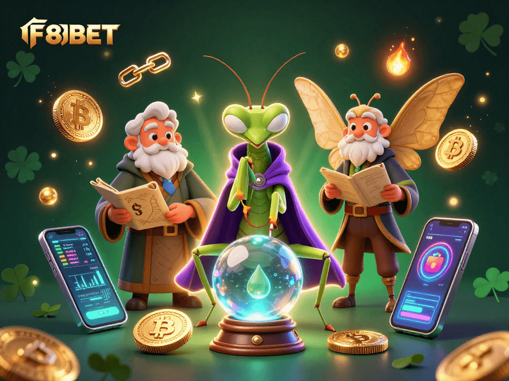 Engage with F8BET's vibrant gaming world featuring captivating characters and cryptocurrency elements.