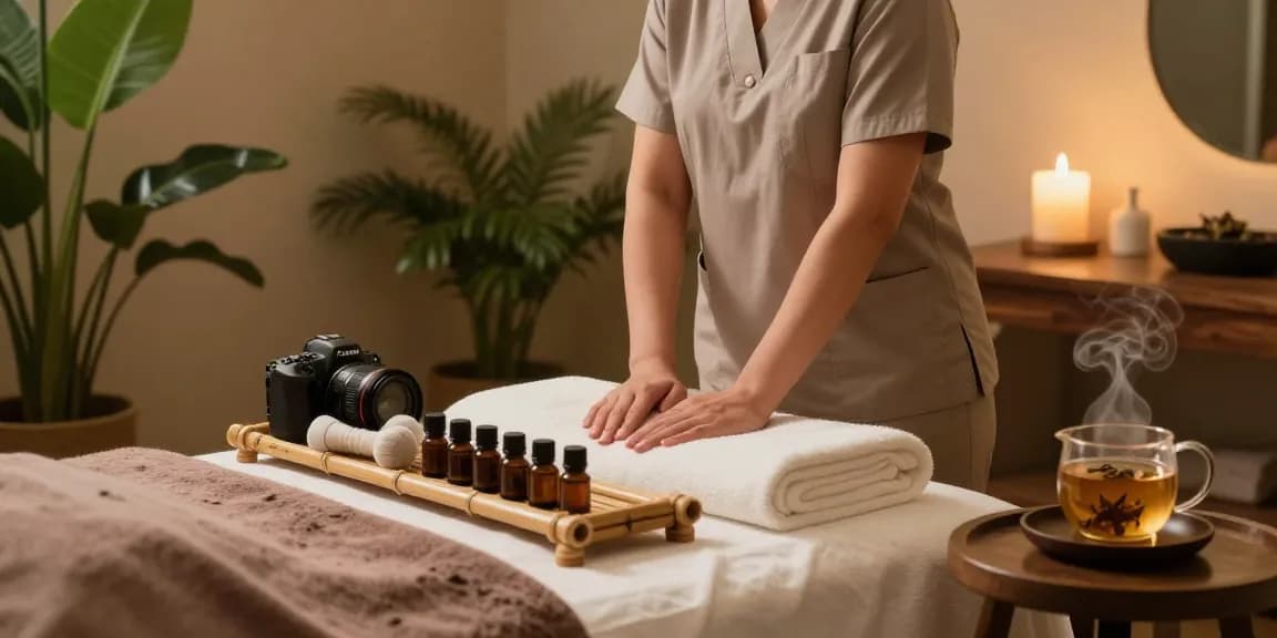 Relaxation room setup at Balanced Massage highlighting mantra88, essential oils, and calming atmosphere.