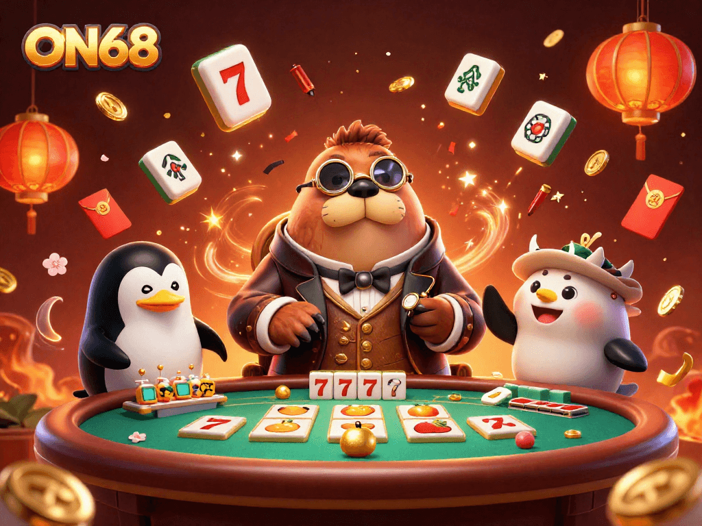Engage in thrilling gaming at ON68 with a charming walrus and friends at the poker table.